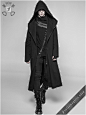 Punk Rave Black Plague jacket WY-932/BK | Fantasmagoria.shop - retail & wholesale Gothic clothes and accessories : Gothic men's black loose-fit hooded long coat with intricate spine and ribs imitation at the back