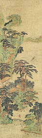 文徵明——《庐山图》无题 青绿山水人物 立轴画芯欣赏 | 
明|文徵明(1470-1559)名壁字征明、征仲，号衡山居士，世称“文衡山”，诗文上与祝允明、唐寅、徐真卿并称“吴中四才子”。画史上与沈周、唐寅、仇英合称“吴门四家”。诗宗白居易、苏轼，文从吴宽，书从李应祯，画从沈周。诗文画俱精，人称“四绝”全才。山水人物花卉等皆工。