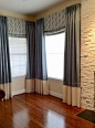 By Robinson Interiors, Jenkintown, PA.  Board mounted mock roman shades and draperies (also board mounted) with contrast french tucked hem.: 