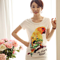 [HZ]夏季新款韩版个性鹦鹉印花亮片短袖T恤-淘宝网