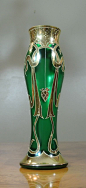 Art Nouveau Hand Painted Bohemian Vase, Satin Green Glass with Gold