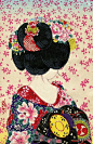 Sakura Fubuki - Shower of Cherry Blossoms (1940)  “This is a Japanese Woodblock print postcard from around the 1940s, showing the back view of a Maiko girl (Apprentice Geisha) with the Ware-shinobu hairstyle, which is worn by junior Maiko during their ini