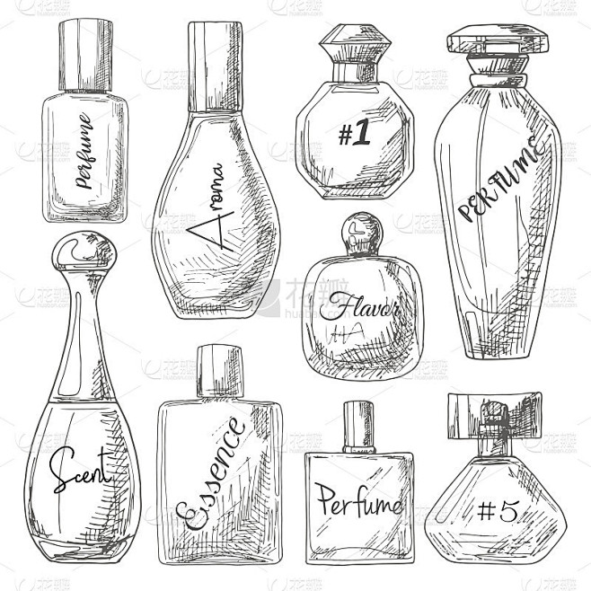 一套不同瓶子的香水。矢量插图的草图风格。