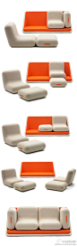 法国女设计师 matali crasset为意大利 campeggi 公司设计一个沙发系列，名为 concentre de vie 。这款沙发是由模块化的组件构成，分为 5 个部分，一个主体、两个 L 型的靠垫和两个方形的靠垫。这些垫子既可以作为主体沙发的一部分使用，也能够独立出来成为脚凳或小沙发使用