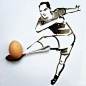 《我要射门了》个性搞笑创意平面立体艺术3D插画是由美国纽约时尚插画师Christoph Niemann随手涂鸦绘画而来，画面利用日常的生活食物鸡蛋充当橄榄足球，汤勺充当人物右腿和鞋子，再配合上人物手绘素材，构成了一副有趣的生活艺术插画。