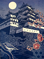 Himeji-jo  : 3 layer linocut print! 24"x18"The castle is "Himeji-jo", one of the most finest existing example of 17th C castle architecture in Japan.