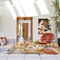 Large minimalist open concept light wood floor, brown floor and exposed beam living room photo in San Francisco with a bar, white walls, no fireplace and a wall-mounted tv