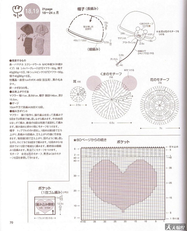 手工钩针纯棉宝宝带耳帽子和围巾 -