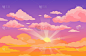 日落的天空与云彩。美丽的紫色到黄色天空动画背景与阳光和粉红色蓬松的云彩。卡通矢量图