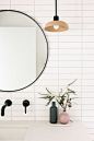 Our Austin Casa || The Terrazzo Guest Bathroom Reveal - The Effortless Chic || Cedar & Moss Terra Pendant || Stack Bond White 2 x 8 Tile || Rejuvenation Mirror and Delta Faucets || Terrazzo Floor Tile