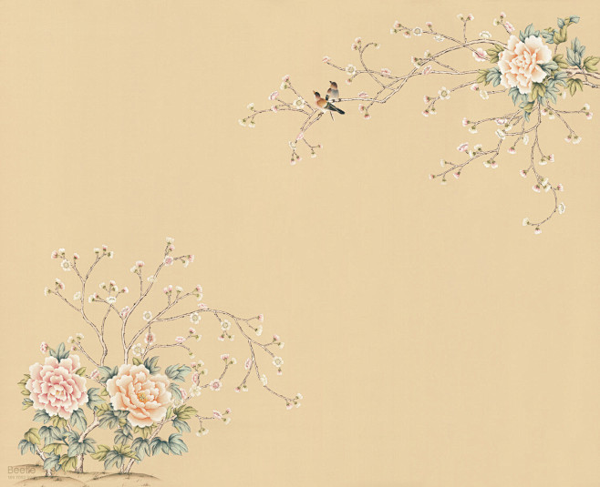 中式 树枝 鸟 手绘   效果图 壁画 ...