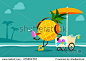 illustration of cartoon pineapple enjoy eating ice cream by a cart at the beach-summer day