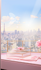 a pink box with flowers in it, white curtains，in the style of grandiose cityscape views, the Eiffel Tower in the city，anime inspired, glass as material, soft and dreamy atmosphere, spectacular backdrops, playful details, spatial concept