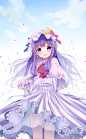 #东方project#
#帕秋莉诺蕾姬#
1girl blush confetti crescent earrings hair_ribbon hat highres jewelry long_hair miiiiiiii patchouli_knowledge purple_eyes purple_hair ribbon smile solo touhou veil