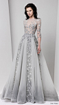 tony ward fall 2016 rtw 3 quarter sleeves illusion bateau neck a line evening dress grey gray embellished: