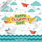  children's day enjoyable background of sea with boats and origami airplanes Free Vector