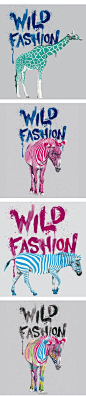 创意赏：艺术家jose Luis Romero创作的Wild Fashion 系列插画，用靓丽的色彩条纹颠覆斑马和长颈鹿的原始颜色，非常有个性！@北坤人素材