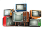 Heap of retro TV sets isolated on white background. Communicatio