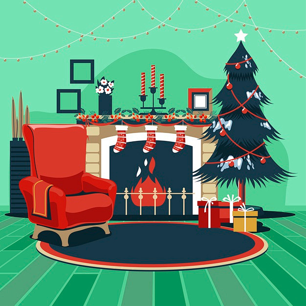 圣诞节与圣诞树壁炉礼物室内场景插画矢量图...
