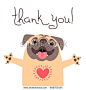 Cute dog says thank you. Pug with heart full of gratitude. Vector illustration.