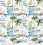 Abstract summer seamless pattern. Watercolor sailboat, palm tree, leaves, grunge textures, doodles, brush strokes. Water color background in minimalistic style. Hand painted tropical illustration