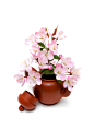 影棚拍摄,春天,两个物体,白色背景,粉色_10da67340_桃花和茶壶_创意图片_Getty Images China