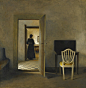 寂静的诗情画意。画家Vilhelm Hammershoi的画人物基本上只有一个，那就是他的妻子爱尔达。主要是以他的家为描绘对象，物件精简，除了门、窗之外，只有几件精致考究的家具以及家具上的摆件。Hammershoi是极度安静的人，他回避着世间的一切，用黑白灰的色彩细细涂抹他的家庭景观，也是他自己的内心景观