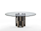 Pilar : Dining table with base made up of different elements in solid ash. Top in transparent glass (thickness mm. 15) fixed on metal plates in brushed anthracite. Joint in black chromed metal.