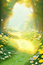 a yellow path with flowers on it, in the style of digital airbrushing, light green and white, childlike innocence and charm, pastoral scenes, animated gifs, ferrania p30, windows vista