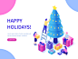 Happy holidays people design new year tree christmas character flat vector illustration isometric