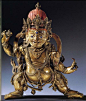 Vajrapani The wrathful protector of buddhism in an archer stance (together with Avalokiteshvara and Manjusri are collectively known as rigs gsum mgon po, are the three main bodhisattvas of Tibet). Bronze lapis lazuli inlays in eyes, red pigment. Tibet 19t
