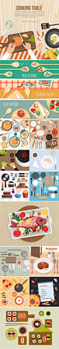扁平化手绘烹饪美食厨具餐具菜单设计EPS AI矢量素材 