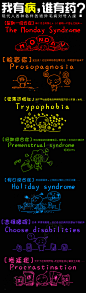 广告也疯狂：【都市人的八大古怪流行病】：The Monday Syndrome 星期一综合症；Prosopagnosia 脸盲症；Trypophobia 密集恐惧症；Premenstrual syndrome 经期综合症；Holiday syndrome 假期综合症；Choose disabilities 选择障碍症；Procrastination 拖延症；Bulimia nervosa 易饿症。