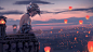 Anime 1920x1080 princess painting sky lanterns wind balcony WLOP crown
