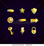 Set of shiny game resources on the dark background. Set of glossy and bright cartoon gold icon. Game rating icons. Level results vector icon design for game.Vector illustration. EPS 10