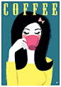 Retro Kitchen Coffee Art Print Girl sipping pink cup A3 / 11 x 14