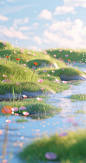 a little scene with flowers next to a pond, in the style of rendered in cinema4d, anime-inspired, majestic, sweeping seascapes, 32k uhd, clean and simple designs, playful and whimsical imagery, prairiecore