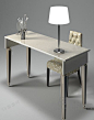 现代时尚白色木质长方形书桌棕色印花软包座椅桌椅组合