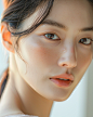 close-up shot skincare asian Model, Looks a bit like sohee han, hair tied back,slightly smiling expression, warm color bright mood, No Make up clean aesthetics, 8K camera, Skin Texture not to smooth it should like real photo --no makeup --style raw --ar4: