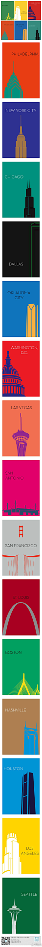 城市极简明信片设计。平面设计师Ryan M. Russell设计了一套色彩明亮的极简城市明信片系列。