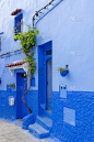 摩洛哥Chefchaouen镇麦地那舒适的蓝色街道。北非老城的传统建筑。