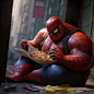 very fat Spider-Man, eating kfc, realistic, cinematic, lighting , - - v 4
