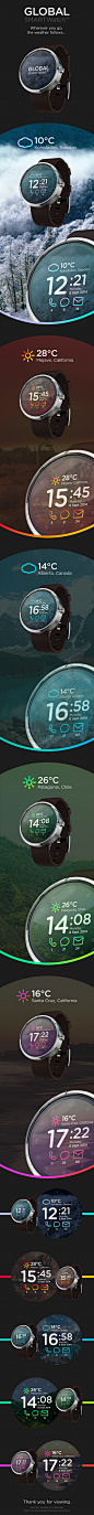 Smart Watch // Global Outlook™ : Global SMARTWatch™ // ConceptHere the development from my Global Outlook dashboard UI design. (See link below)https://www.behance.net/gallery/12748107/Weather-Dashboard-Global-Outlook-UIUXI wanted to create a very clean, v