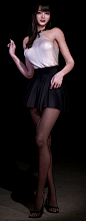 General 1453x3727 CGI nipple bulge 3D women legs heels Asian digital art black background simple background red lipstick long hair skirt pantyhose smiling