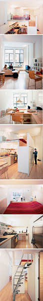 【小户型有大智慧】这是韩国建筑师Kyu Sung Woo设计的一间60多平米的小公寓 ，位于纽约。为了最大限度的利用空间，设计师在厨房的上方架设了一个阁楼式的小平台、作为卧室，而阁楼楼梯的一边是带滑动门的衣橱、另一边则作为浴室。整个空间给人简洁舒适的感觉。