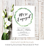 Engagement Party Invitation, Printable Engagement Announcement, We're Engaged, Editable Template, Green Wreath, Instant Download #026-109EP