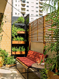 No terraço desse apartamento com cara de casa, uma horta vertical e painel com madeira ripada.: 