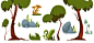 Elementos da paisagem da floresta, árvores, grama verde, pedras e cogumelos. Vetor grátis