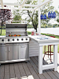 When space allows, add a countertop or island next to the grill to make food prep and service easier. A peninsula works well in this outdoor kitchen. It provides additional seating for outdoor dining that's close enough for the cook to chat with guests, b