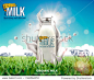 Organic bottle milk ads with splashing liquid on grassland in 3d illustration